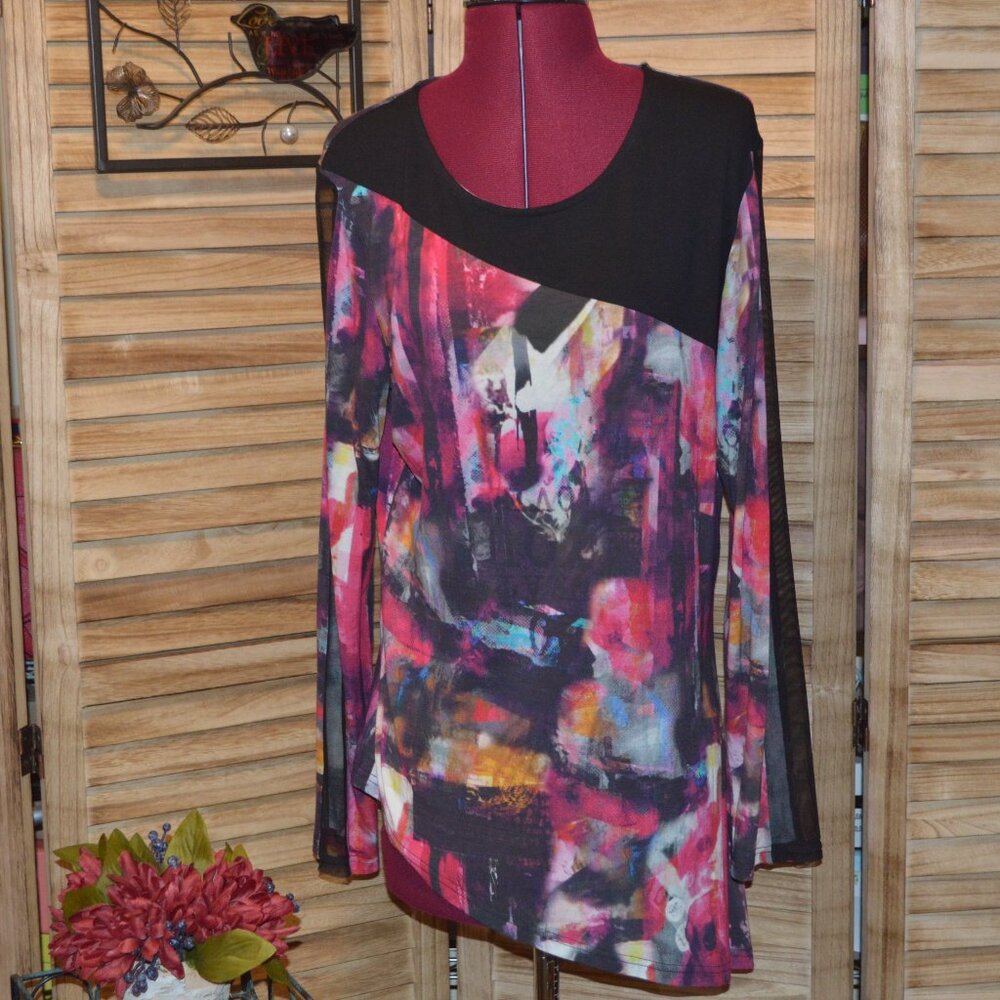 NWT Linea Domani L Asymmetric Tunic Pink Black Abstract Pattern L/S Mesh Insert
